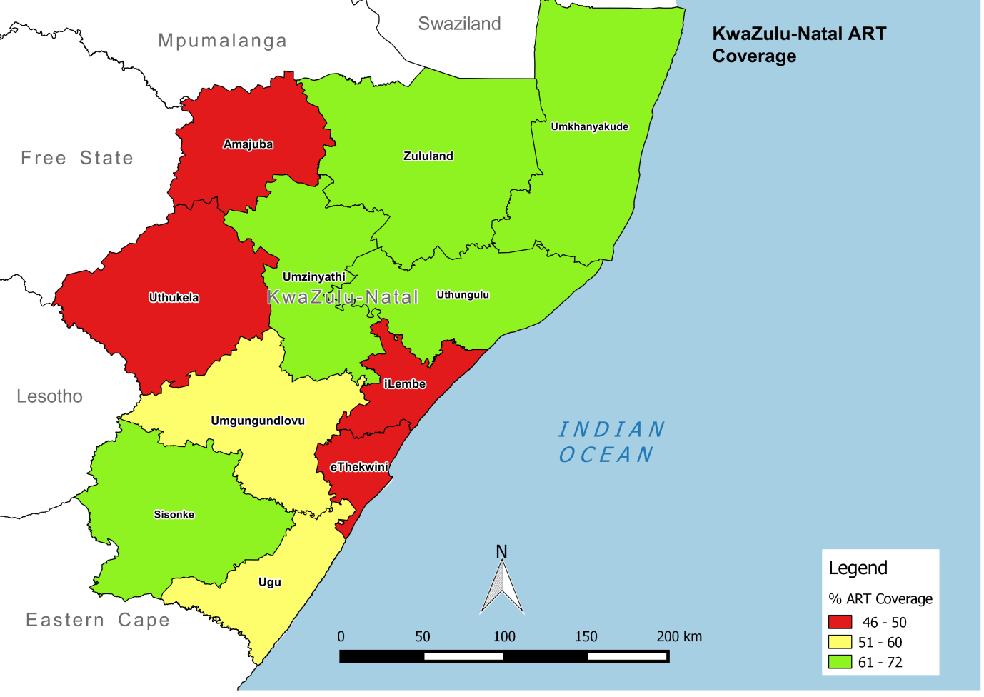 coverage appears to be lower in eThekwini, even though the district has the highest number of PLHIV