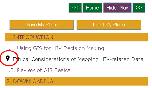 When toggled open, the navigation bar allows the user to save location, load last saved location, and view current location in a list of all modules.