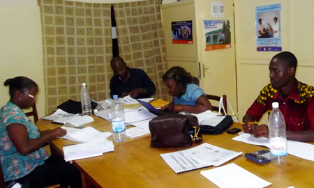 Data collectors and their supervisor work together to integrate recommendations from the technical working group during a supervision visit to Korhogo. Photo by Health Policy Project