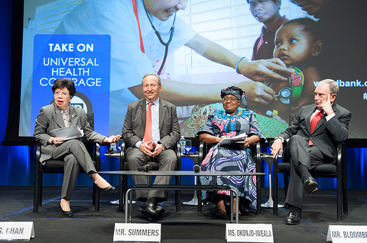 2014 IMF/World Bank Group Spring Meetings. Toward Universal Health Coverage for 2030. Speakers: Dr. Jim Yong Kim, President, World Bank Group; Ban Ki-moon, Secretary-General of the United Nations; Lawrence H. Summers, Professor and President Emeritus, Harvard University; Michael Bloomberg, Former New York City Mayor, UN Special Envoy for Cities and Climate Change; Margaret Chan, Director-General, World Health Organization.