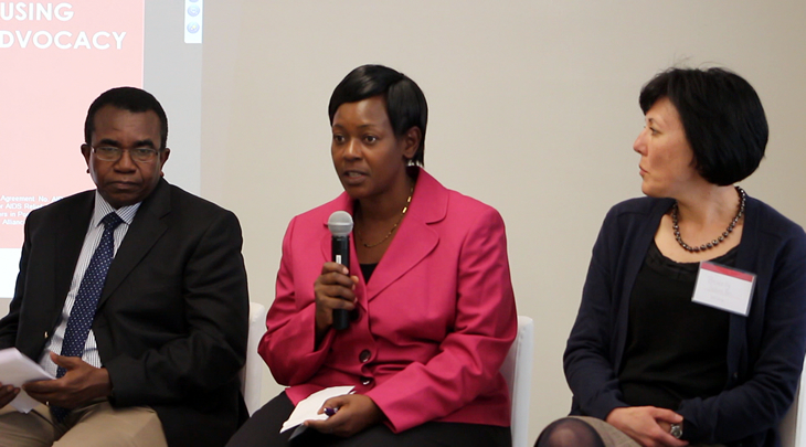 Modibo Maiga, Olive Mtema, and Beverly Johnston take questions during the forum.